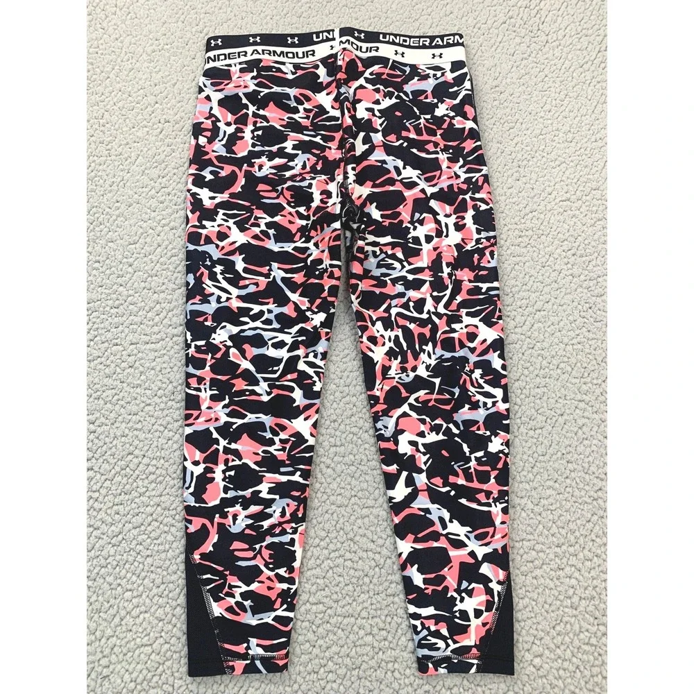 Under Armour Leggings Girls YLG Pink Black Abstract HeatGear Mesh Crop 1362335